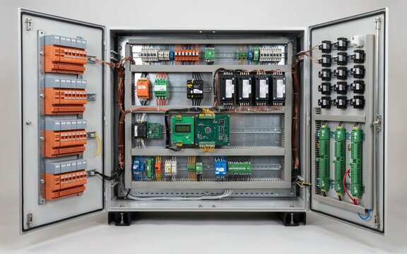 Industrial electrical control panel with open doors and internal components