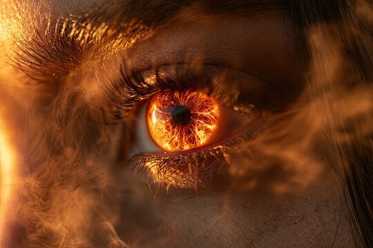 Fiery iris glows intensely, surrounded by wisps of smoke