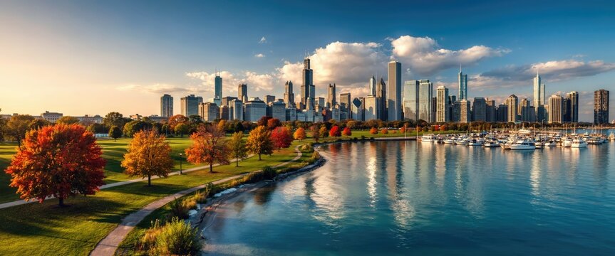 Chicago skyline view from lakefront park with autumn trees and harbor