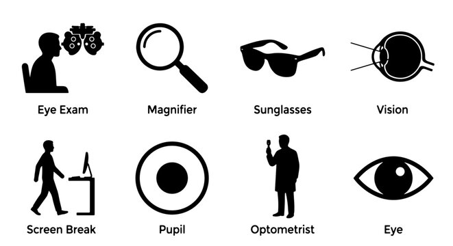 Optometry and Vision Icons Set: Eye Exam, Magnifier, Sunglasses, Vision, Screen Break, Pupil, Optometrist, Eye