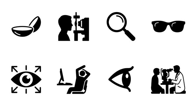 Optometry Icons Set, Eye Care Symbols, Vision Health Graphics, Ophthalmology Equipment and Examination Illustrations, Medical Icons