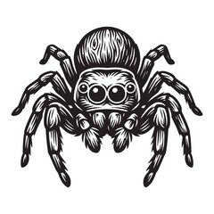 Fototapeta premium Woodcut style jumping spider illustration, engraved relief printmaking design, black and white carved arachnid vector isolated on white background.