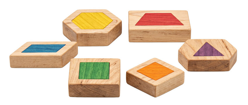 Wooden geometric shape blocks toy set arranged for educational learning games, featuring colorful wooden pattern blocks for children STEM geometry development and logic skill building isolated.
