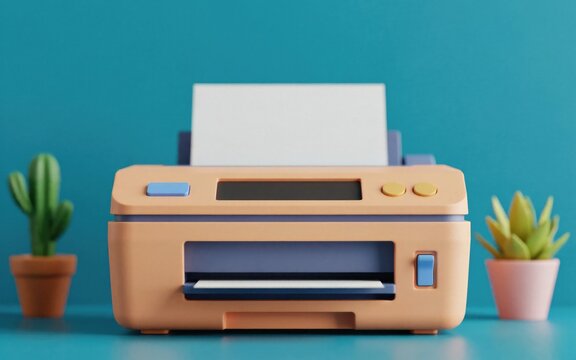 3D render of a beige desktop printer with two potted succulents on a teal background