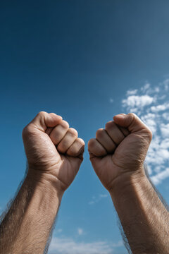 people of ai, pov, first-person view of two raised fists against dramatic sky, portrait, blue sky above vertical forearms, photorealistic