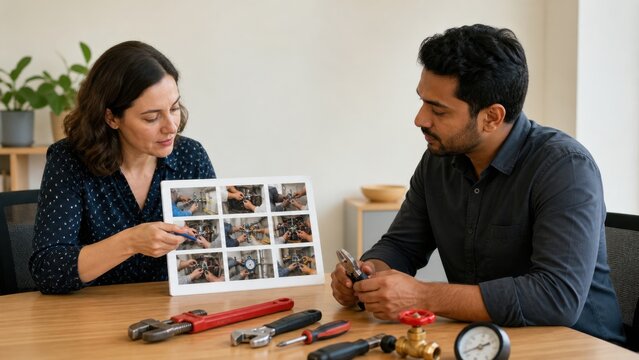Newcomer professional and certification counselor compare a set of generic trade tools with a photo-based competency board