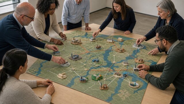 Educators, employers and local officials arrange occupation pieces around a physical map model linking training sites with workplaces