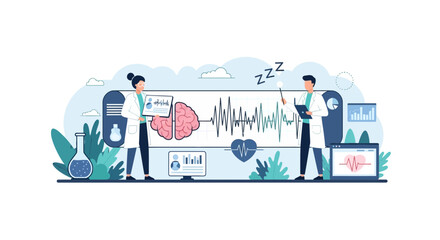 Naklejka premium Neuroscience Researchers Studying Brain Waves and Sleep Cycles Illustration