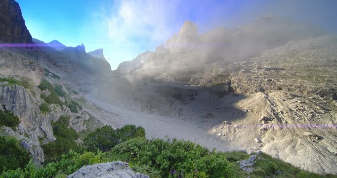 Fog at dawn over the Tuchett Dolomites.