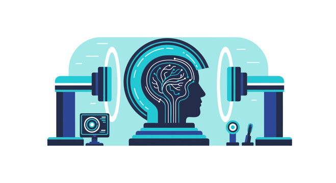 AI Brain Scan and Neural Analysis Vector Illustration for Neurotechnology Concepts