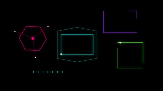 Glowing colorful neon geometric HUD elements and digital tech frames animation on a dark background - 4K video