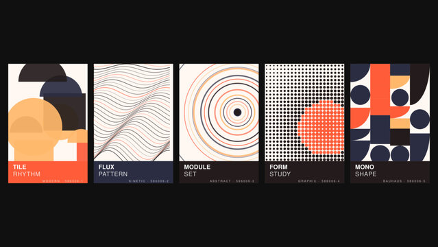 Tile rhythm, flux pattern, module set, form study, mono shape, five minimalist posters featuring geometric shapes on a dark background