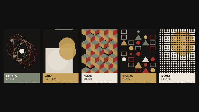Strata, grid, node, signal, mono series featuring orbital lines, geometric blocks, isometric cubes, scattered shapes, and dot patterns in dark tones