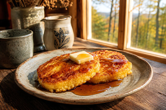 Thick slices of chilled cornmeal mush pan-fried until crisp, drizzled with pure maple syrup and topped with a small pat of butter, rustic handmade pottery, Vermont farmhouse kitchen