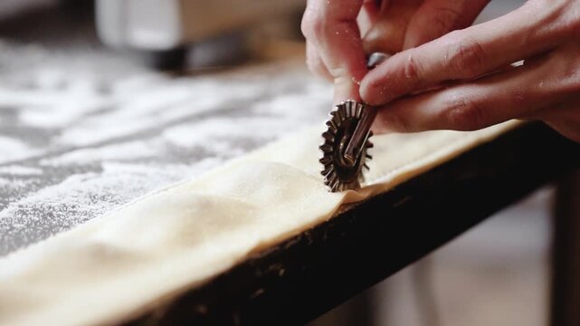 Using Pastry Wheel Cutter to Shape Fresh Ravioli Dough in Bakery Kitchen