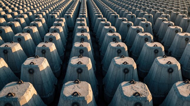Many large concrete mooring blocks arranged in symmetrical rows in industrial yard. Massive grey cubic anchors for buoys sit in outdoor storage area. Geometric pattern of heavy construction objects