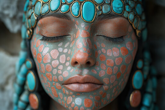 people of ai, spiritual closeup gaia with turquoise face ornaments, photorealistic