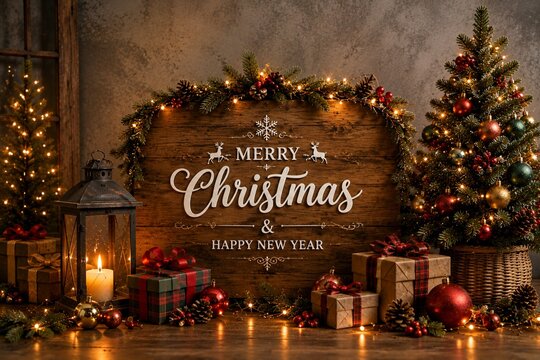 Rustic Christmas Greeting with Tree Gifts and Lantern