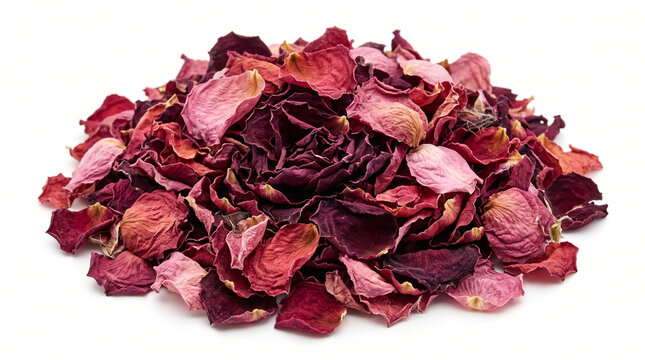 Photorealistic pile of dried rose petals in deep burgundy, pink and dusty-red tones, curled delicate edges, natural wrinkled texture and layered organic forms, centered isolated floral material