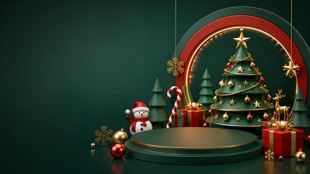 Luxury Christmas Display with Green Tree Gifts and Snowman