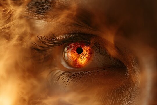Intense fiery gaze, glowing orange iris surrounded by smoke