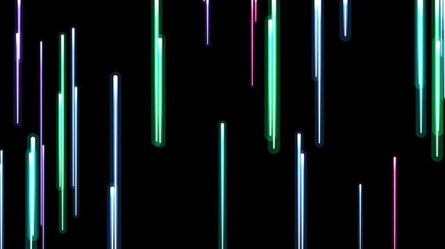 Futuristic Colorful Neon Light Rain Vertical Glowing Lines Falling and Rising Speed Motion Graphic Overlay on Black Background 4k video