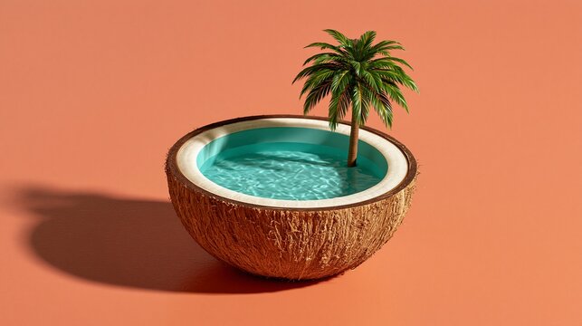 Minimalist coconut shell pool with blue water and tiny palm tree art