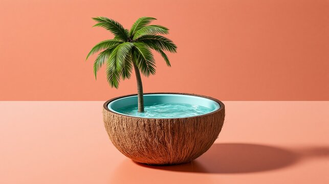 Coconut palm Cocos nucifera in half coconut shell filled with water bowl