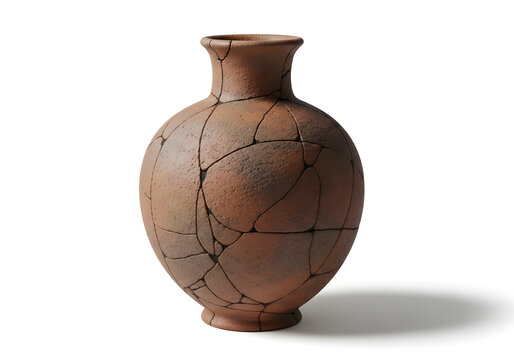 vintage cracked terracotta vase on white background