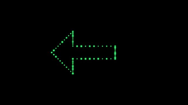 Green Neon Left Arrow Symbol Constructed with Glowing Digital Dots on a Dark Black Background View