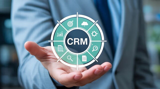 Customer Relationship Management (CRM) concept visualized on a businessman's palm