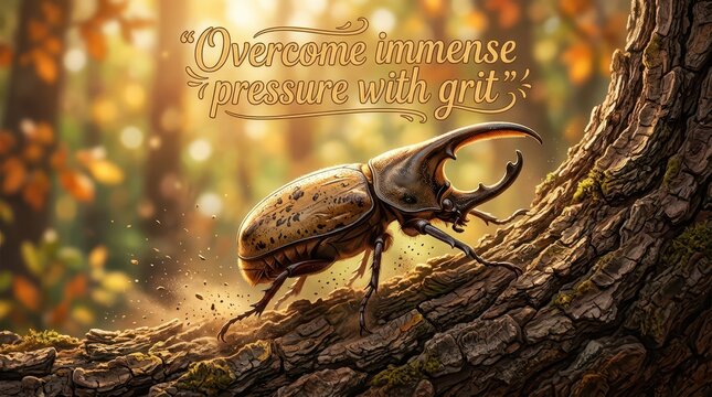 Close-up of a rhinoceros beetle climbing rough tree bark with a motivational quote about overcoming pressure with grit