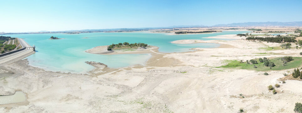 Aerial View of Low Water Levels at La Sotonera Reservoir and Dam on August 18, 2026, Huesca, Spain