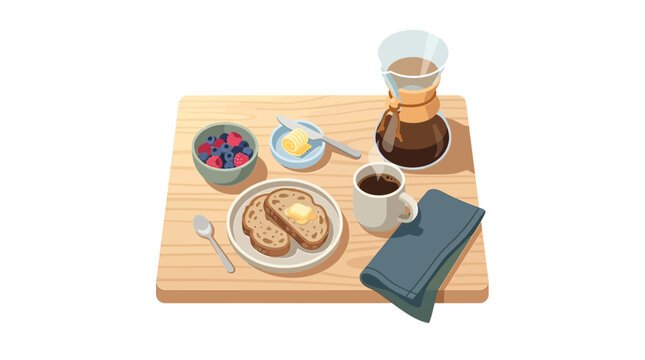 Isometric Breakfast Illustration with Pour Over Coffee, Toast with Butter, and Fresh Berries Bowl