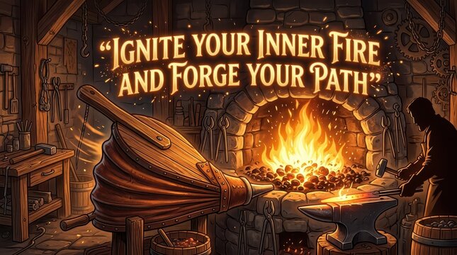 Blacksmith ignites inner fire and forges path with hammer, anvil, forge, and bellows in rustic workshop setting