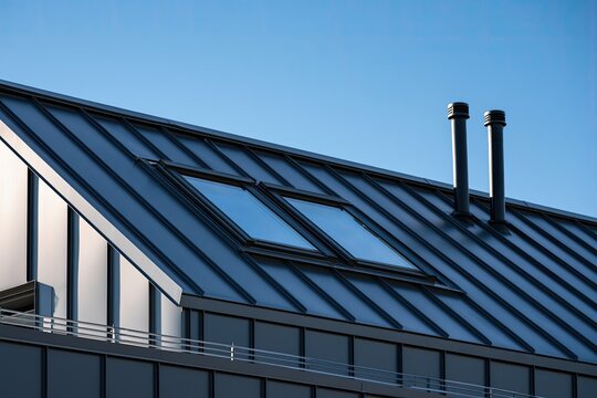 Modern home rooftop featuring dark metal, two skylights, and chimneys
