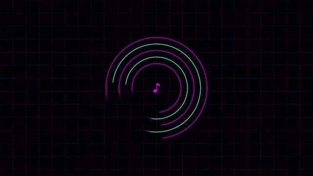 Neon Music Symbol Spinning in a Circular Glowing Portal on a Dark Grid Pattern Background Motion