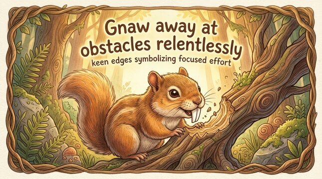 Cute squirrel gnawing on a tree branch, symbolizing persistence and overcoming challenges with focused effort in a forest setting