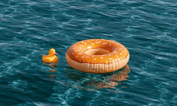 Inflatable donut float and rubber duck Anas platyrhynchos in the ocean