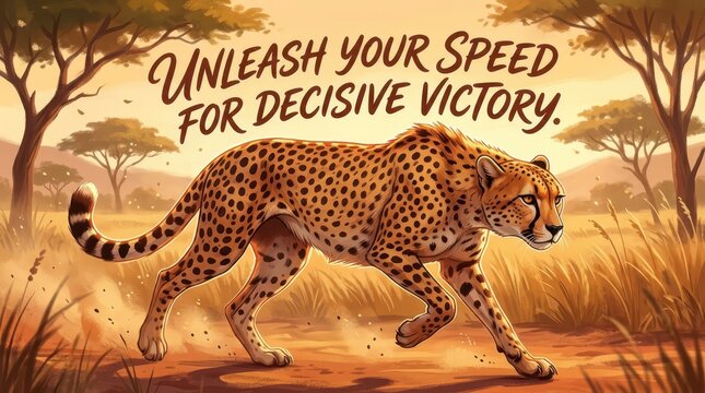 Cheetah running at full speed across an African savanna, embodying speed, power, and decisive victory with inspirational text.