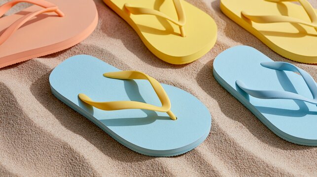 Colorful summer flip flop sandals on sand for tropical beach vacation