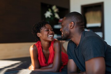 Obraz premium Couple laughing face to face on bed warm intimate lifestyle background for bedroom wellness and romantic relationship content