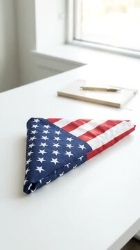 Folded national flag resting on a white table inside a bright room