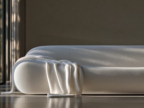 White boucle sofa with draped throw in dramatic sunlit minimalist interior