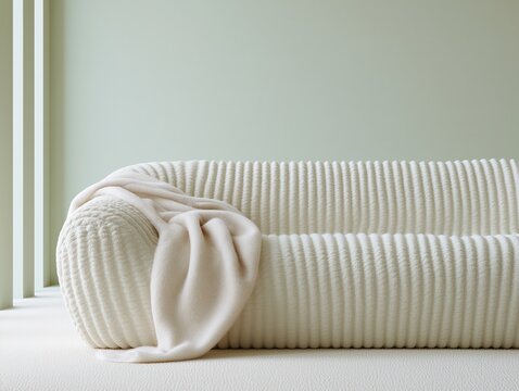 White ribbed boucle sofa with soft throw in minimalist interior