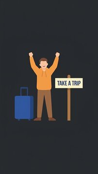 Happy traveler character with blue luggage and sign animation