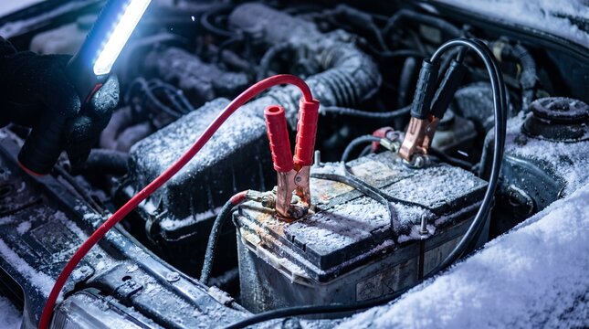 Close up of car battery jump start with red and black jumper cables in snowy winter conditions