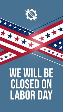 Closed on labor day announcement motion graphic with animated american flags