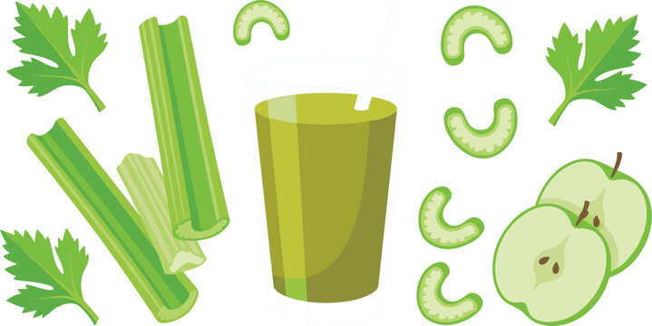 Fresh Green Celery Juice Set with Organic Vegetable Stalks Sliced Pieces Leaves and Green Apple Halves for Healthy Diet Smoothie Drink Design