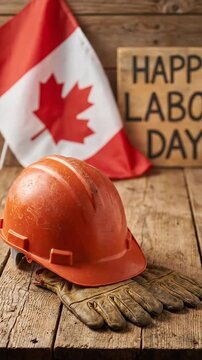 Canadian national flag with orange construction hard hat and leather work gloves